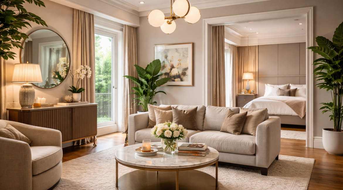Elegant living room with neutral decor, modern furniture, and a view into a cosy bedroom featuring a plush bed