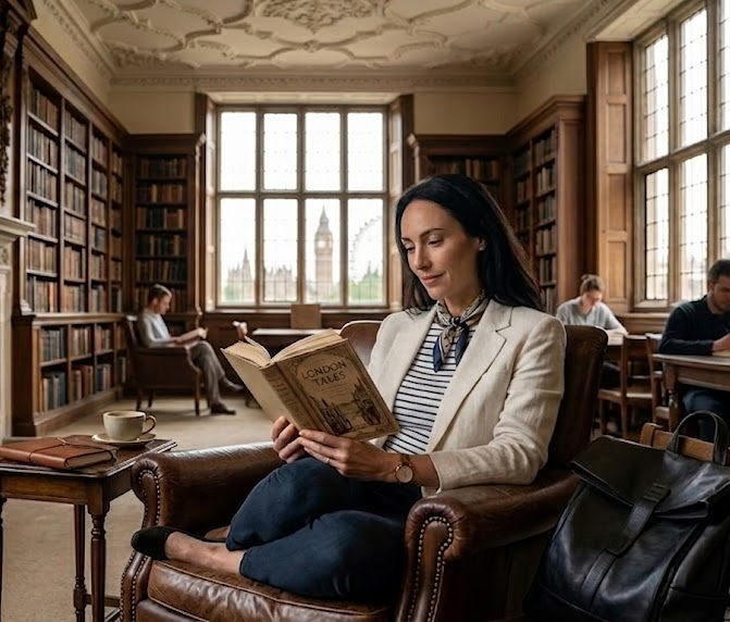 Woman reading London Tales in a historic library with view of Big Ben, surrounded by bookshelves and fellow readers