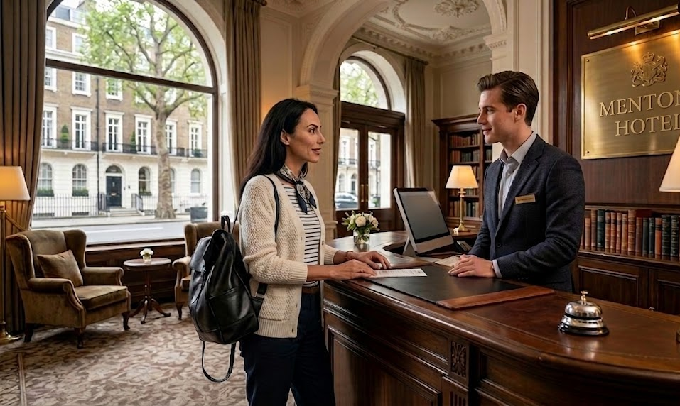 Woman checking into Menton Hotel at reception desk with concierge, classic interior with large windows in the background