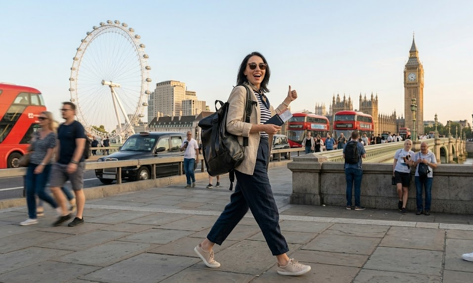 Tourist in London with Big Ben and London Eye in background near iconic red buses on a sunny day