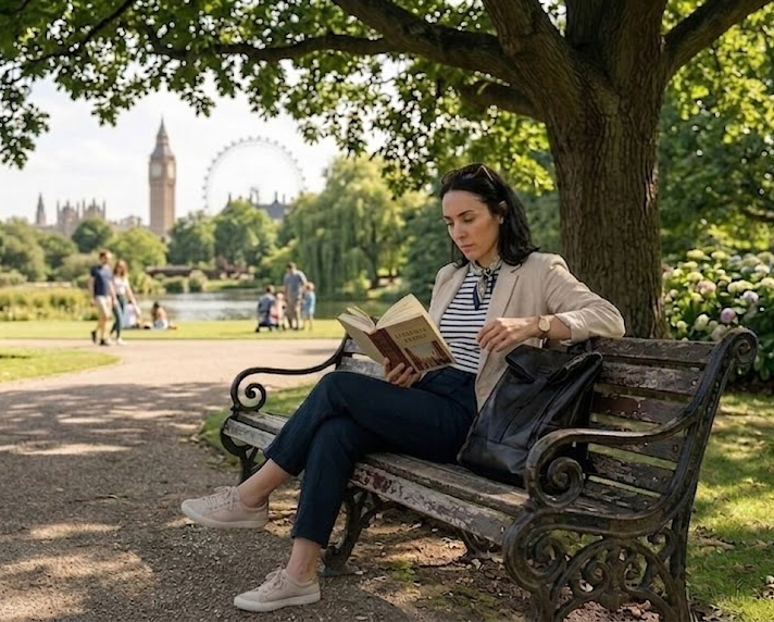 Woman reading on a bench in a London park with Big Ben and the London Eye in the background