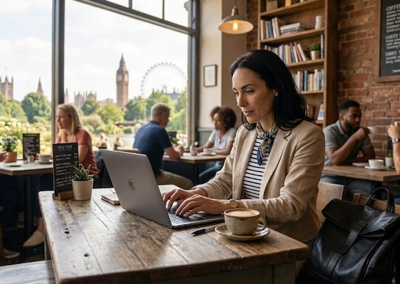 Woman working on laptop in café with view of Big Ben and London Eye in background